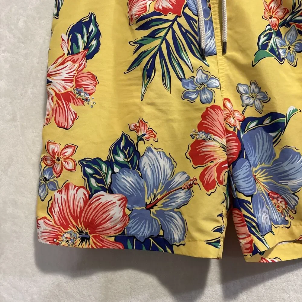 Polo Ralph Lauren Long Swim Trunks Men's Large Yellow Hibiscus Floral Traveler